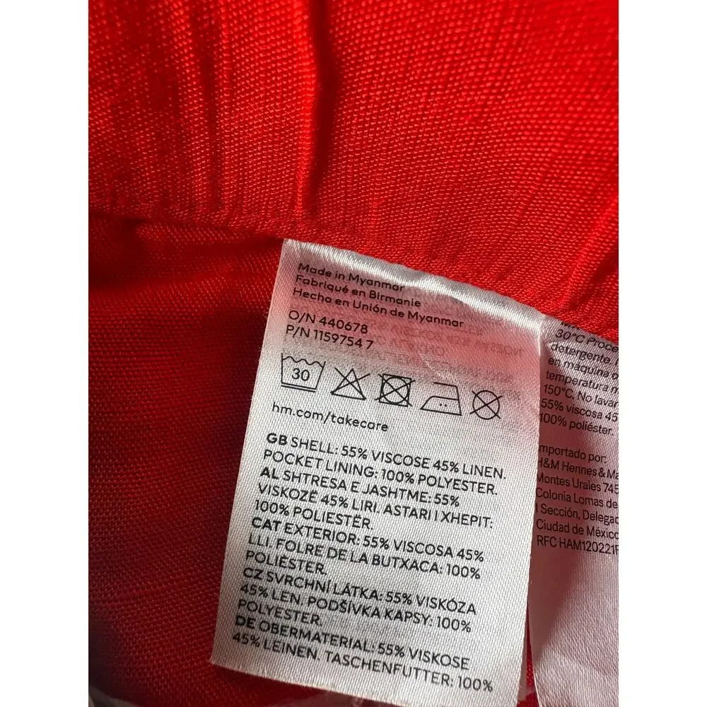 H&M Linen Blend Trousers Size 6 Tomato Red NWT High Waist Flare Leg Side Pockets